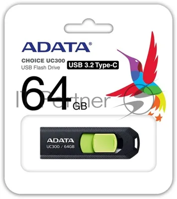 Флешка USB ADATA UC300 (ACHO-UC300-64G-RBK/GN), 64Gb, Type-C USB 3.2, R/W 100/30, черный/зеленый
