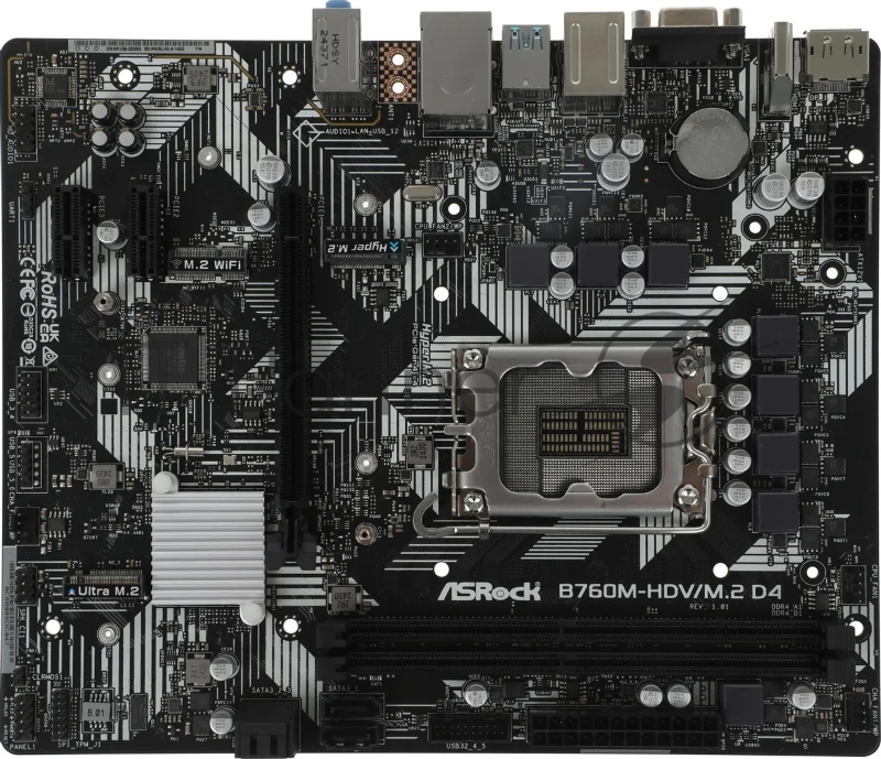 Материнская плата ASRock B760M-HDV/M.2 D4, LGA1700, Intel B760, 2xDDR4, 4xSATA, 2xM.2, 1xPCIe 4.0 x16, 2xPCIe 3.0 x1, 1xD-Sub, 1xHDMI, 1xDisplayPort, 1x 1Gb LAN, 1xUSB 3.2 Gen1 Type-C, 3xUSB 3.2 Gen1 Type-A, 2xUSB 2.0, 3x3.5 мм, 7.1, microATX