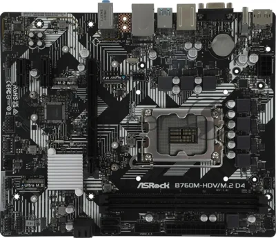 Материнская плата ASRock B760M-HDV/M.2 D4, LGA1700, Intel B760, 2xDDR4, 4xSATA, 2xM.2, 1xPCIe 4.0 x16, DisplayPort, HDMI, D-Sub, 1x1Gb LAN, USB Type-C, 3x3.5 мм, 7.1, microATX