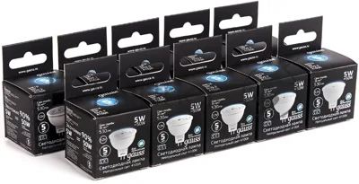 Лампа светодиодная Gauss Black 5Вт цок.:GU5.3 рефлектор 12B 4100K св.свеч.бел.ней. MR16 (упак.:10шт) (201505205)