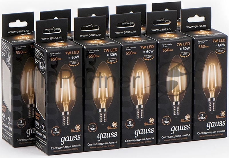 Лампа светодиодная филаментная Gauss 7Вт цок.: E14 свеча 220B 2700K св. свеч. бел.теп. C37 (упак.: 10 шт)