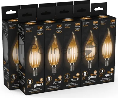 Лампа светодиодная филаментная Gauss Filament 5Вт цок.: E14 свеча 220B 2700K св. свеч. белый теп. (упак.: 10 шт)