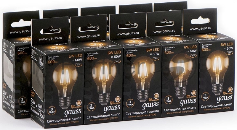 Лампа светодиодная филаментная Gauss 6Вт цок.:E27 шар 220B 2700K св.свеч.белый теп. A60 (упак.:10шт)