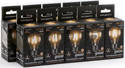 Лампа светодиодная филаментная Gauss 6Вт цок.:E27 шар 220B 2700K св.свеч.белый теп. A60 (упак.:10шт)