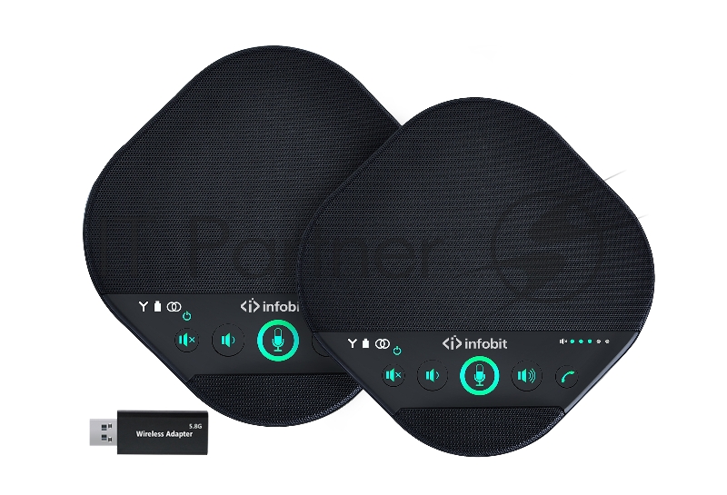 Спикерфон Infobit [iSpeaker M600] Комплект беспроводных всенаправленных спикерфонов, 5,8G, 5-метровый захват на 360 градусов, можно объеденить в каскад до 2х штук. Для помещений до 100 квадратных метров и 30 человек.