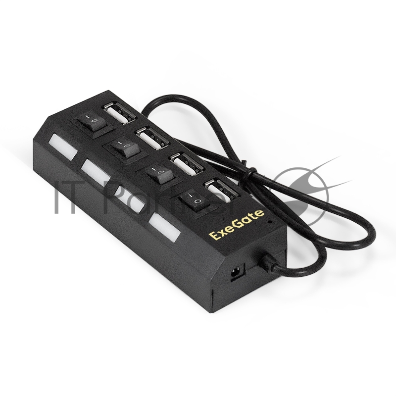 USB-концентратор ExeGate EX293977RUS DUB-42SW (кабель-адаптер USB2.0 --> 4xUSB2.0, кнопки включения/отключения для каждого порта, Plug&Play, черный)