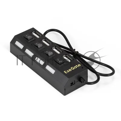 USB-концентратор ExeGate EX293977RUS DUB-42SW (кабель-адаптер USB2.0 --> 4xUSB2.0, кнопки включения/отключения для каждого порта, Plug&Play, черный)