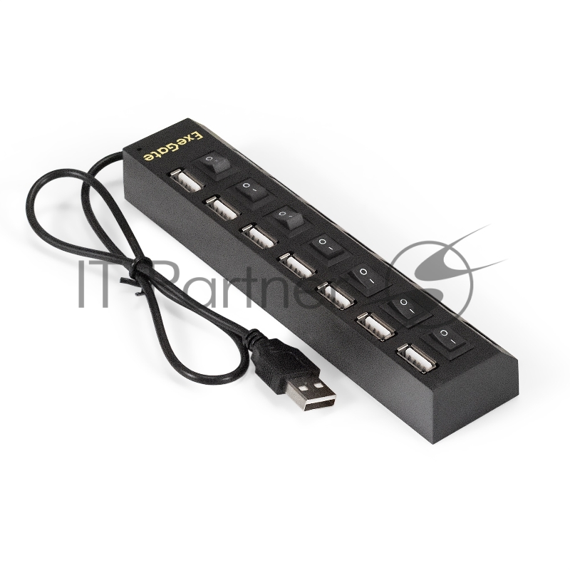 USB-концентратор ExeGate EX293978RUS DUB-72SW (кабель-адаптер USB2.0 --> 7xUSB2.0, кнопки включения/отключения для каждого порта, Plug&Play, черный)