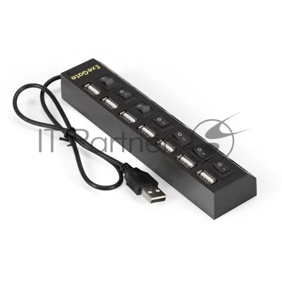 USB-концентратор ExeGate EX293978RUS DUB-72SW (кабель-адаптер USB2.0 --> 7xUSB2.0, кнопки включения/отключения для каждого порта, Plug&Play, черный)