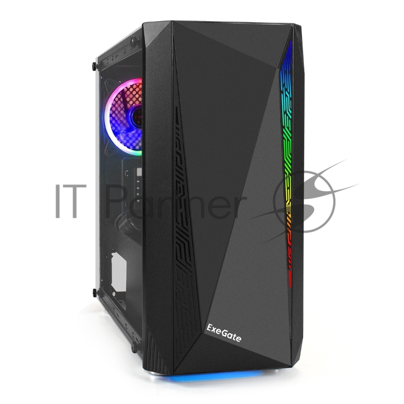 Компьютерный корпус Minitower ExeGate Mistery R2-NPX600 (mATX, БП 600NPX с вент. 12 см, 2*USB+1*USB 3.0, аудио, черный, 1 вент. 12см с RGb подсветкой и полоса на передней панели, боковая панель - закаленное стекло)