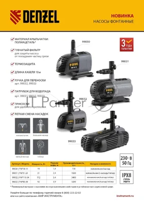 Насос фонтанный FNP18-14, 18 Вт, подъем 1,4 м, 750 л/ч, колокольчик/каскад  Denzel