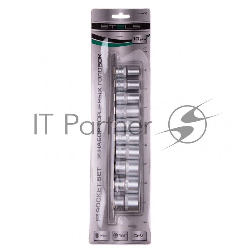 Набор торцевых головок Stels 1/2", 6-ти гр., CrV, 10 шт., 10-22мм