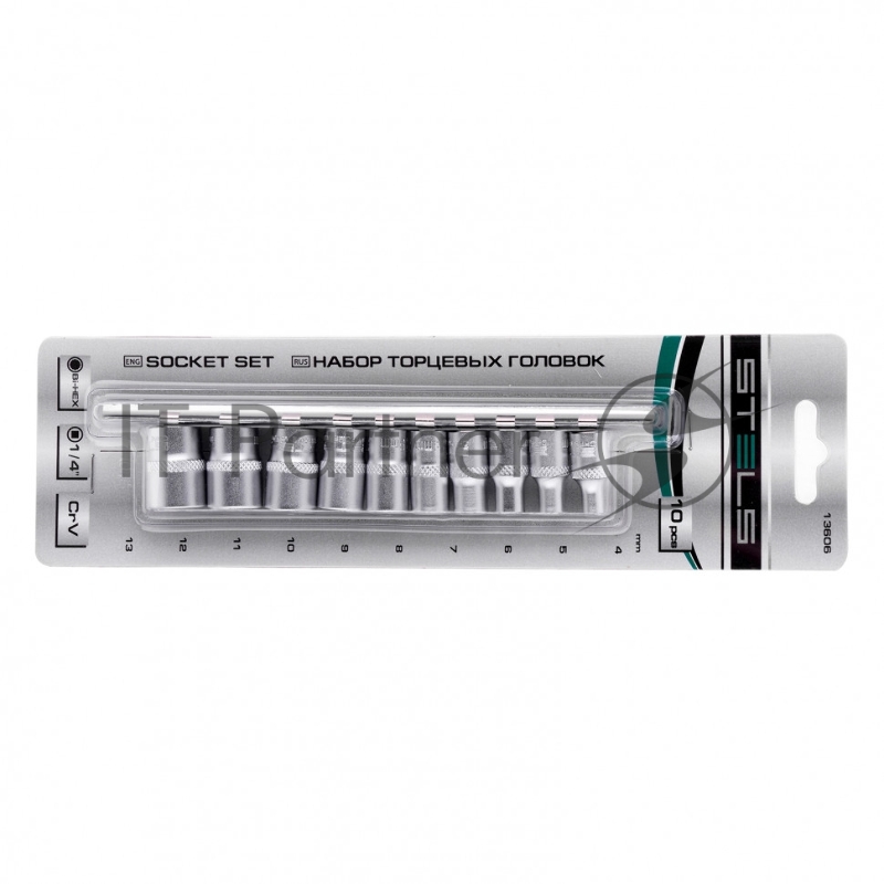 Набор торцевых головок, 1/4", 12-ти гр., CrV, 10 шт., 4-13мм Stels