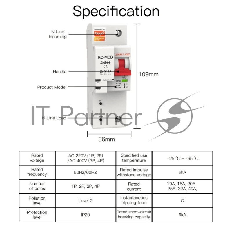 Выключатель MOES Zigbee circuit breaker 1P 16A ZCB-SC-1P16