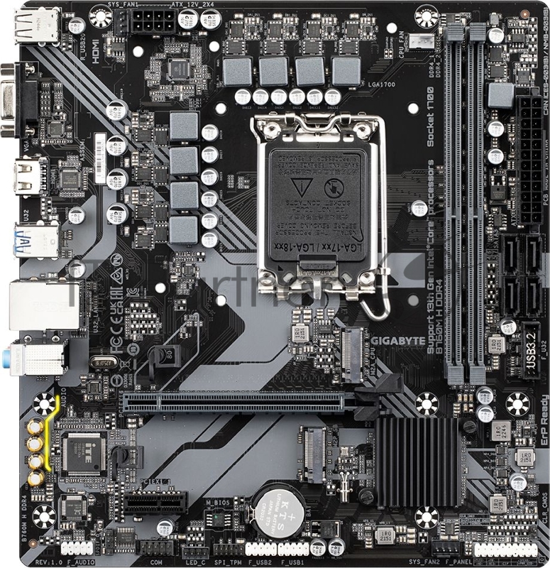 Материнская плата GIGABYTE B760M H DDR4, LGA1700, Intel B760, 2xDDR4, 4xSATA, 2xM.2, 1xPCIe 4.0 x16, 1xPCIe x1, HDMI, D-Sub, 1x1Gb LAN, 3x3.5 мм, 7.1, microATX