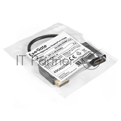 Кабель-переходник DisplayPort-HDMI ExeGate EX-DPM-HDMIF-0.2 (20M/19F, DP1.2 4K@60Hz, 0,2м)