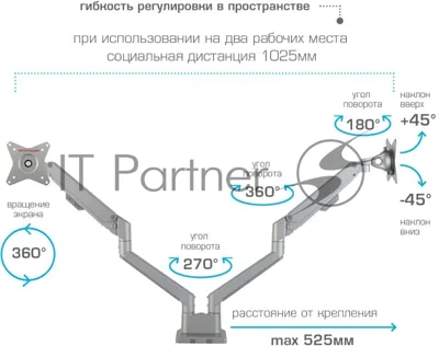 Кронштейн Arm media LCD-T36 серебристый, 4 шт/уп. Кр. алюм. настол. для 2-х мон. 15"-34", max 2х9 кг, нак. ±45°, пов. ±180°, от стола 495 мм, max VESA 100x100 мм.