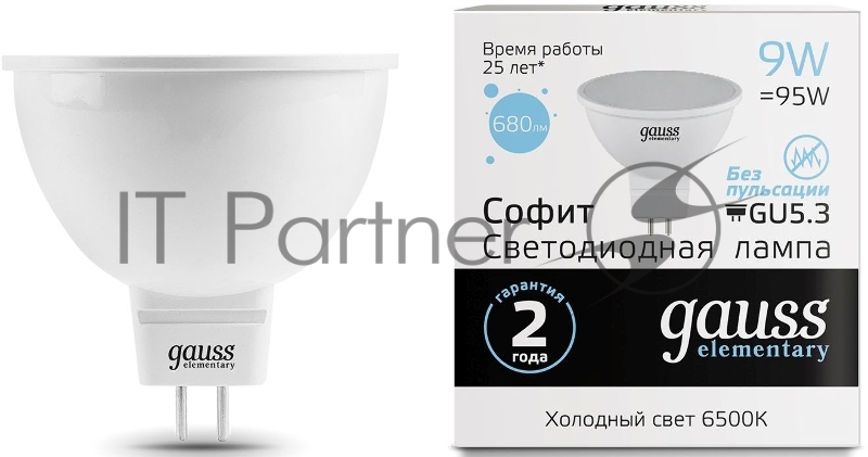 Лампа светодиодная Gauss Elementary MR16 9Вт цок.: GX5.3 спот 220B 6500K св. свеч. белый хол. MR16 (упак.: 10 шт)