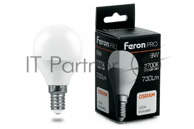 Лампа светодиодная FERON PRO LB-1409 (38077) 9 вт Е14 теплый матовый шар