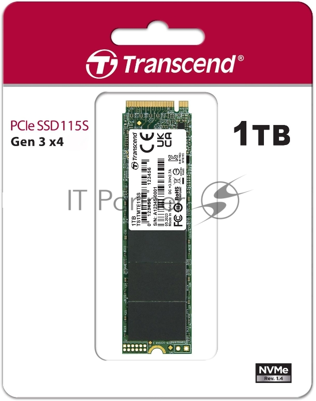 Накопитель SSD Transcend 115S, 1Tb, PCIe 3.0 x4, M.2 2280, NVMe, R/W 3200/2000