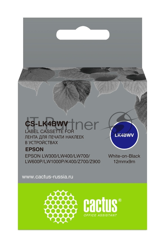 Картридж ленточный Cactus CS-LK4BWV белый шрифт, черный фон (12 мм, 9 м) для Epson LW300/LW400/LW700/LW600P/LW1000P/K400/Z700/Z900