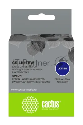 Картридж ленточный Cactus CS-LK4TbW черный шрифт, прозрачный фон (12 мм, 9 м) для Epson LW300/LW400/LW700/LW600P/LW1000P/K400/Z700/Z900