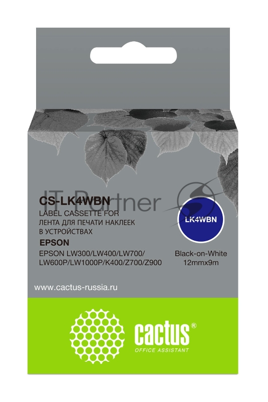 Картридж ленточный Cactus CS-LK4WBN черный шрифт, белый фон (12 мм, 9 м) для Epson LW300/LW400/LW700/LW600P/LW1000P/K400/Z700/Z900