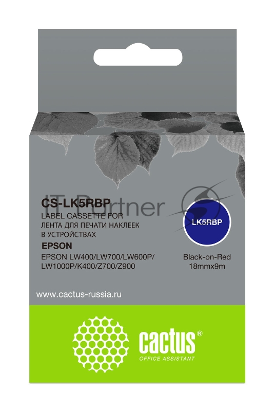 Картридж ленточный Cactus CS-LK5RBP черный шрифт, красный фон (18 мм, 9 м) для Epson LW400/LW700/LW600P/LW1000P/K400/Z700/Z900