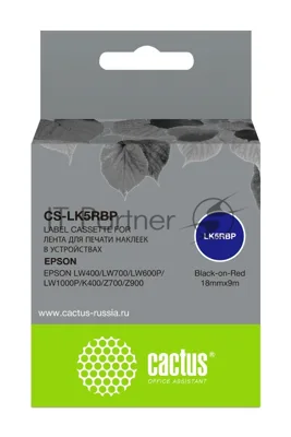 Картридж ленточный Cactus CS-LK5RBP черный шрифт, красный фон (18 мм, 9 м) для Epson LW400/LW700/LW600P/LW1000P/K400/Z700/Z900