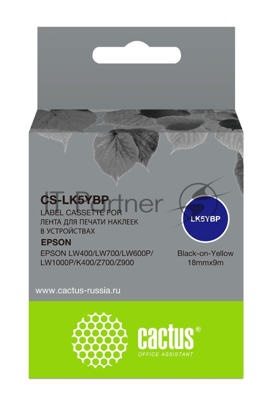 Картридж ленточный Cactus CS-LK5YBP черный, 18мм, 9м для Epson LW400/LW700/LW600P/LW1000P/K400/Z700/Z900