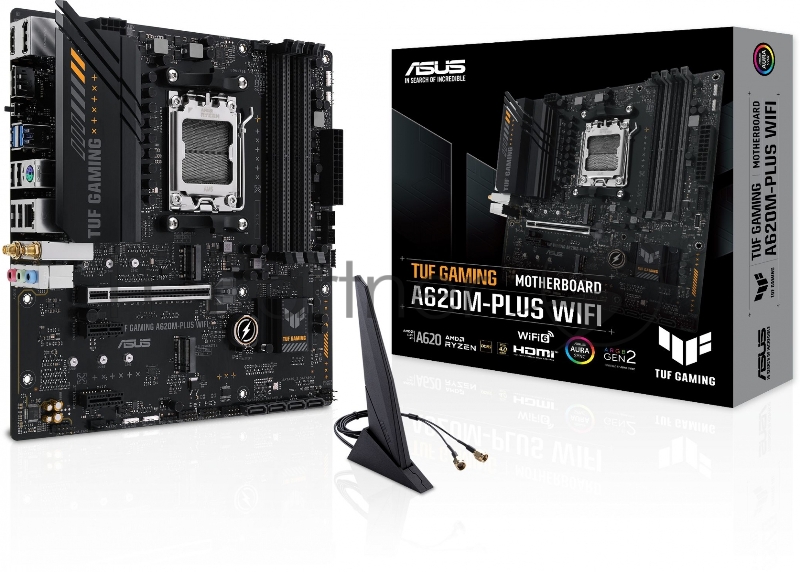 Материнская плата ASUS TUF GAMING A620M-PLUS WIFI, AM5, AMD A620, 4xDDR5, 4xSATA, 2xM.2, 1xPCIe 4.0 x16, 2xPCIe x1, 2xDisplayPort, HDMI, 1x2.5Gb LAN, 6xUSB, 3x3.5 мм, 7.1, microATX