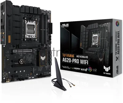 Материнская плата ASUS TUF GAMING A620-PRO WIFI, AM5, AMD A620, 4xDDR5, 4xSATA, 2xM.2, 1xPCIe 4.0 x16, 1xPCIe 3.0 x16, 2xPCIe x1, DisplayPort, HDMI, 1x2.5Gb LAN, USB Type-C, 5x3.5 мм, 7.1, ATX