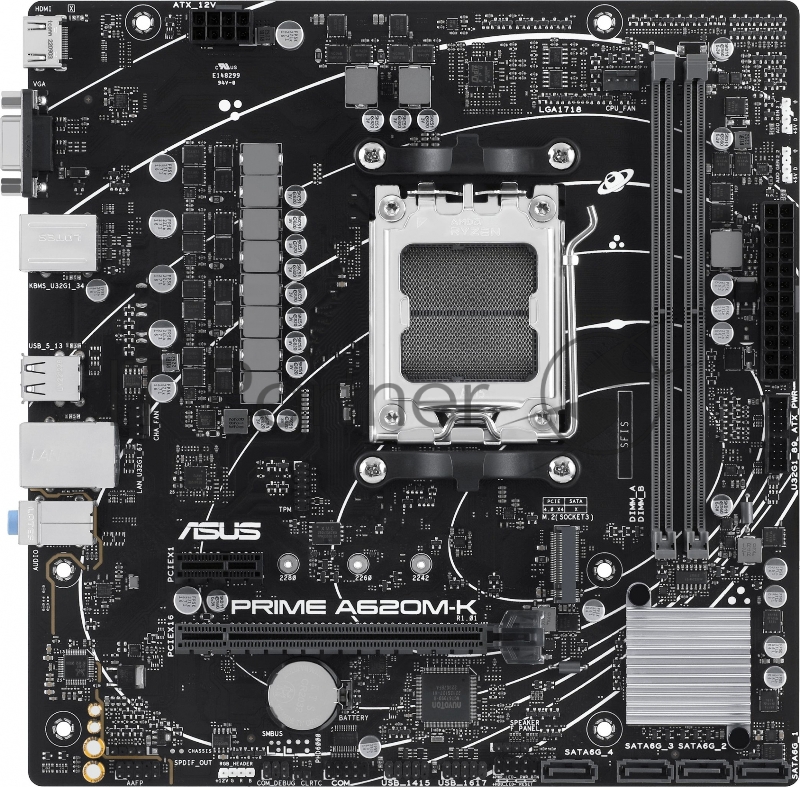 Материнская плата ASUS PRIME A620M-K, AM5, AMD A620, 2xDDR5, 4xSATA, 1xM.2, 1xPCIe 4.0 x16, 1xPCIe x1, HDMI, D-Sub, 1x 1Gb LAN, 6xUSB, 3x3.5 мм, 7.1, microATX