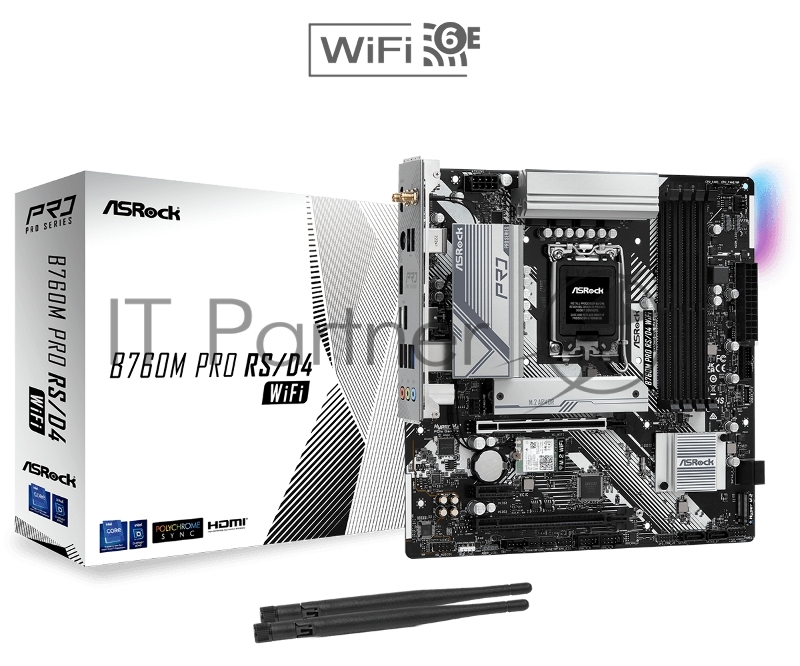 Материнская плата ASRock B760M Pro RS/D4 WiFi, LGA 1700, Intel B760, 4xDDR4, 4xSATA, 2xM.2, 1xPCIe 4.0 x16, DisplayPort, HDMI, USB Type-C, 1x2.5Gb LAN, Wi-Fi 6E, Bluetooth, 3x3.5 мм, 7.1, microATX