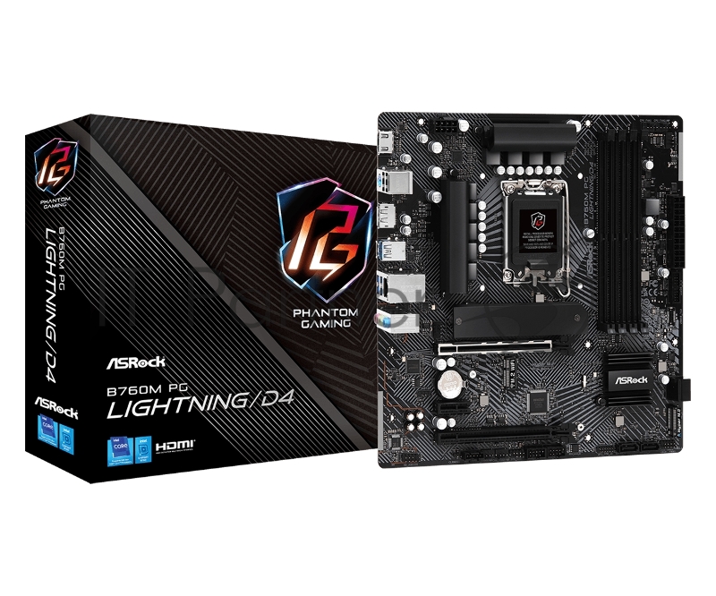 Материнская плата ASRock B760M PG Lightning/D4, LGA 1700, Intel B760, 4xDDR4, 4xSATA, 2xM.2, 1xPCIe 4.0 x16, DisplayPort, HDMI, USB Type-C, 1x1Gb LAN, 3x3.5 мм, 7.1, microATX