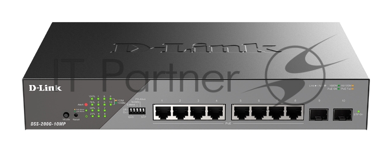 Коммутатор D-Link DSS-200G-10MP/A1A, 8×1 Гбит/с + 2×1 Гбит/с SFP, настраиваемый