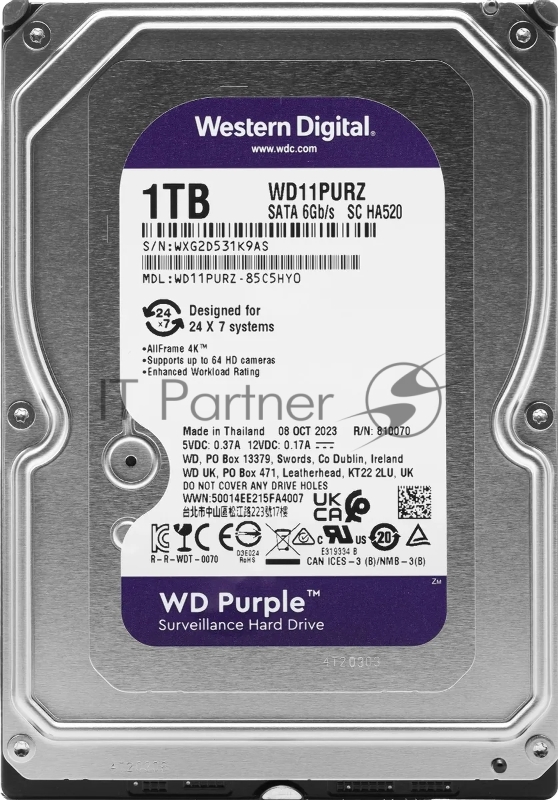 Жесткий диск HDD WD Purple 1Tb 5400rpm SATA 64Mb 3.5"