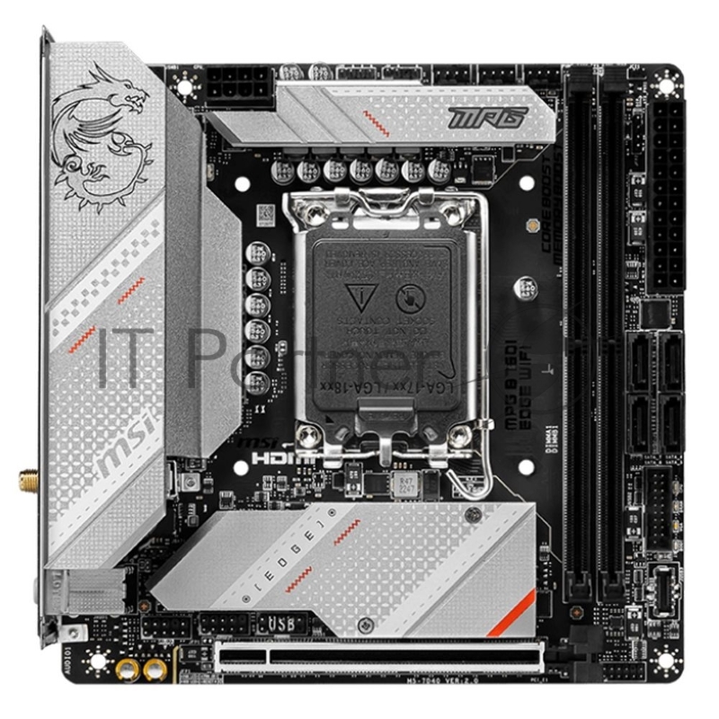 Материнская плата MSI MPG B760I EDGE WIFI, LGA1700, Intel B760, 2xDDR5, 4xSATA, 2xM.2 PCIe 4.0, 1xPCIe 5.0 x16, 1xHDMI, 1xDisplayPort, 1x 2.5Gb LAN, 2xUSB 3.2 Gen2 (1xType-A, 1xType-C), 4xUSB 3.2 Gen1, 2xUSB 2.0, 3x3.5 мм, 7.1, mini-ITX