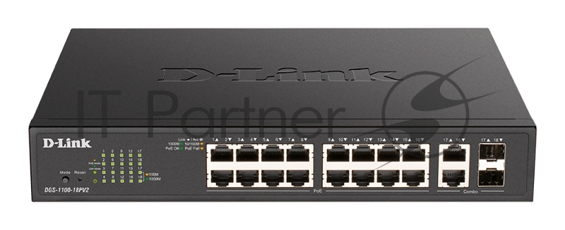 Коммутатор D-Link DGS-1100-18PV2/A, 16×1 Гбит/с + 2×1 Гбит/с SFP, настраиваемый