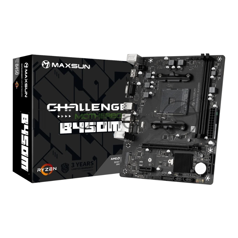 Материнская плата MAXSUN Challenger B450M, AM4, AMD B450, 2xDDR4, 4xSATA, 1xM.2, 1xPCIe 3.0 x16, HDMI, D-Sub, 1x1Gb LAN, 3x3.5 мм, 5.1, microATX