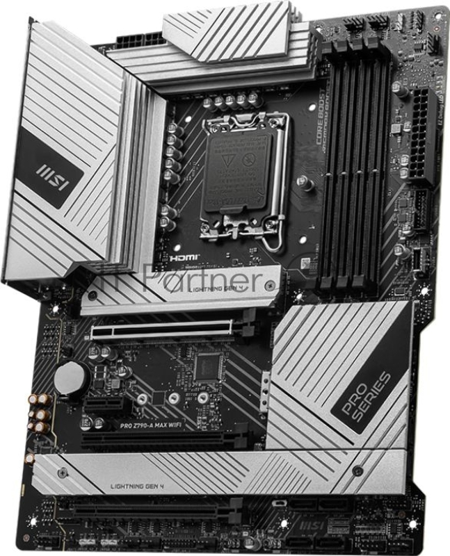 Материнская плата MSI PRO Z790-A MAX WIFI, LGA 1700, Intel Z790, 4xDDR5, 6xSATA, 4xM.2, 1xPCI-E 5.0 x16, 1xPCI-E 4.0 x16, 1xPCI-E 3.0 x16, 1xPCI-E x1, 1xHDMI, 1xDP, 1x2.5Gb LAN, 2xUSB-A 2.0, 2xUSB-A 3.2 Gen 1, 3xUSB-A 3.2 Gen 2, 1xUSB-C 3.2 Gen 2x2, 5x3.5мм, TOSLINK, 7.1, ATX