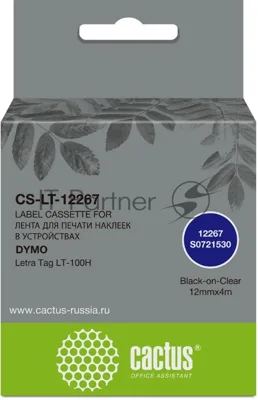 Картридж ленточный Cactus CS-LT-12267 черный шрифт, прозрачный фон (12 мм, 4 м) для Dymo Letra Tag LT-100H