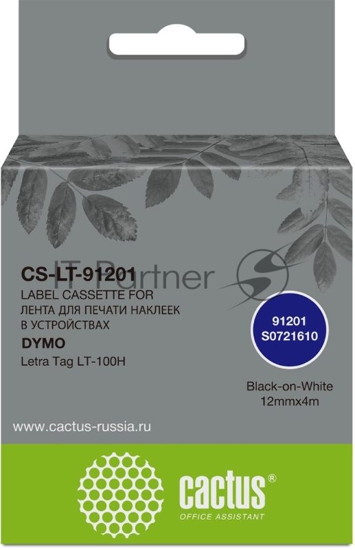 Картридж ленточный Cactus CS-LT-91201 черный шрифт, белый фон (12 мм, 4 м) для Dymo Letra Tag LT-100H