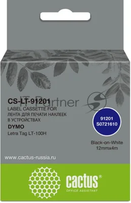 Картридж ленточный Cactus CS-LT-91201 черный шрифт, белый фон (12 мм, 4 м) для Dymo Letra Tag LT-100H
