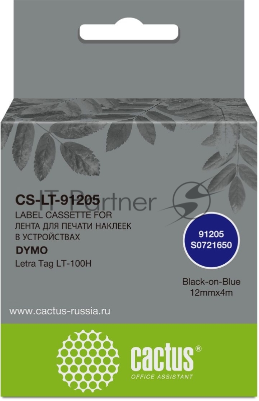 Картридж ленточный Cactus CS-LT-91205 черный шрифт, синий фон (12 мм, 4 м) для Dymo Letra Tag LT-100H