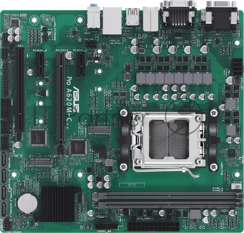 Материнская плата ASUS Pro A620M-C-CSM, AM5, AMD A620, 2xDDR5, 4xSATA, 2xM.2, 1xPCIe 4.0 x16, 2xPCIe x1, DisplayPort, HDMI, D-Sub, DVI, 1x 1Gb LAN, USB Type-C, 3x3.5 мм, 7.1, microATX