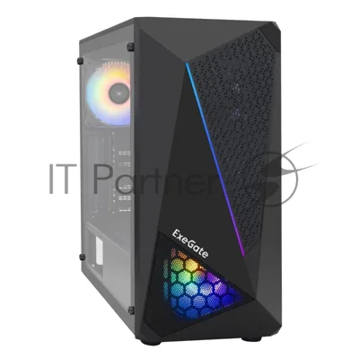 Компьютерный корпус Miditower ExeGate EVO-8225-EVO800 (ATX, БП EVO800RGb с вент. 12см, 2хUSB+1хUSB 3.0, черный, 2 вент. с RGb подсветкой и полоса на передней панели, боковая панель - закаленное стекло)