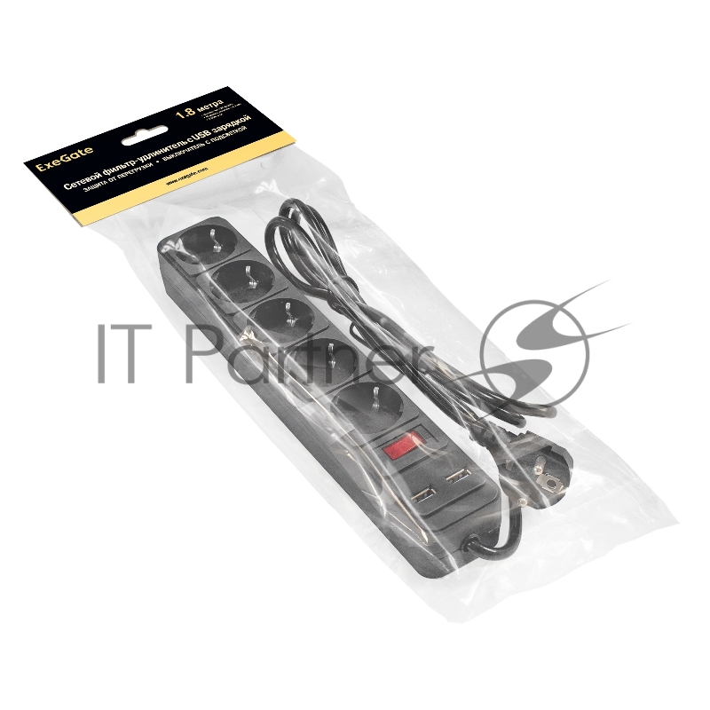 Сетевой фильтр-удлинитель с USB зарядкой ExeGate SP-5-USB-1.8B (5 евророзеток с заземлением, 2 USB-A 2A, 1.8 м, защита от перегрузки, выключатель с подсветкой, черный)