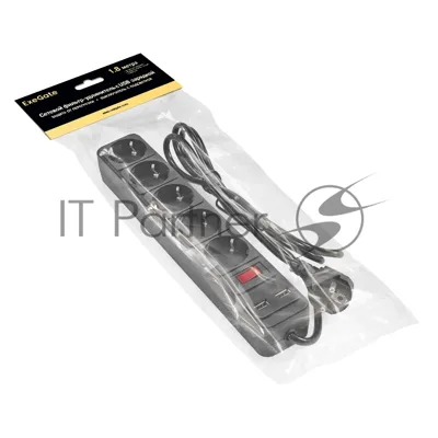 Сетевой фильтр-удлинитель с USB зарядкой ExeGate SP-5-USB-1.8B (5 евророзеток с заземлением, 2 USB-A 2A, 1.8 м, защита от перегрузки, выключатель с подсветкой, черный)