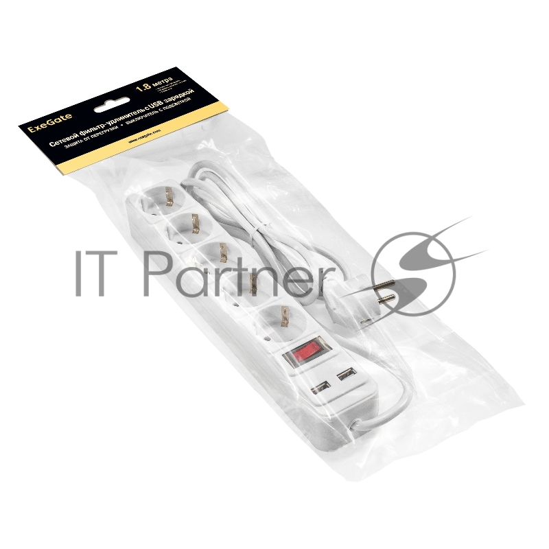 Сетевой фильтр-удлинитель с USB зарядкой ExeGate SP-5-USB-1.8W (5 евророзеток с заземлением, 2 USB-A 2A, 1.8 м, защита от перегрузки, выключатель с подсветкой, белый)